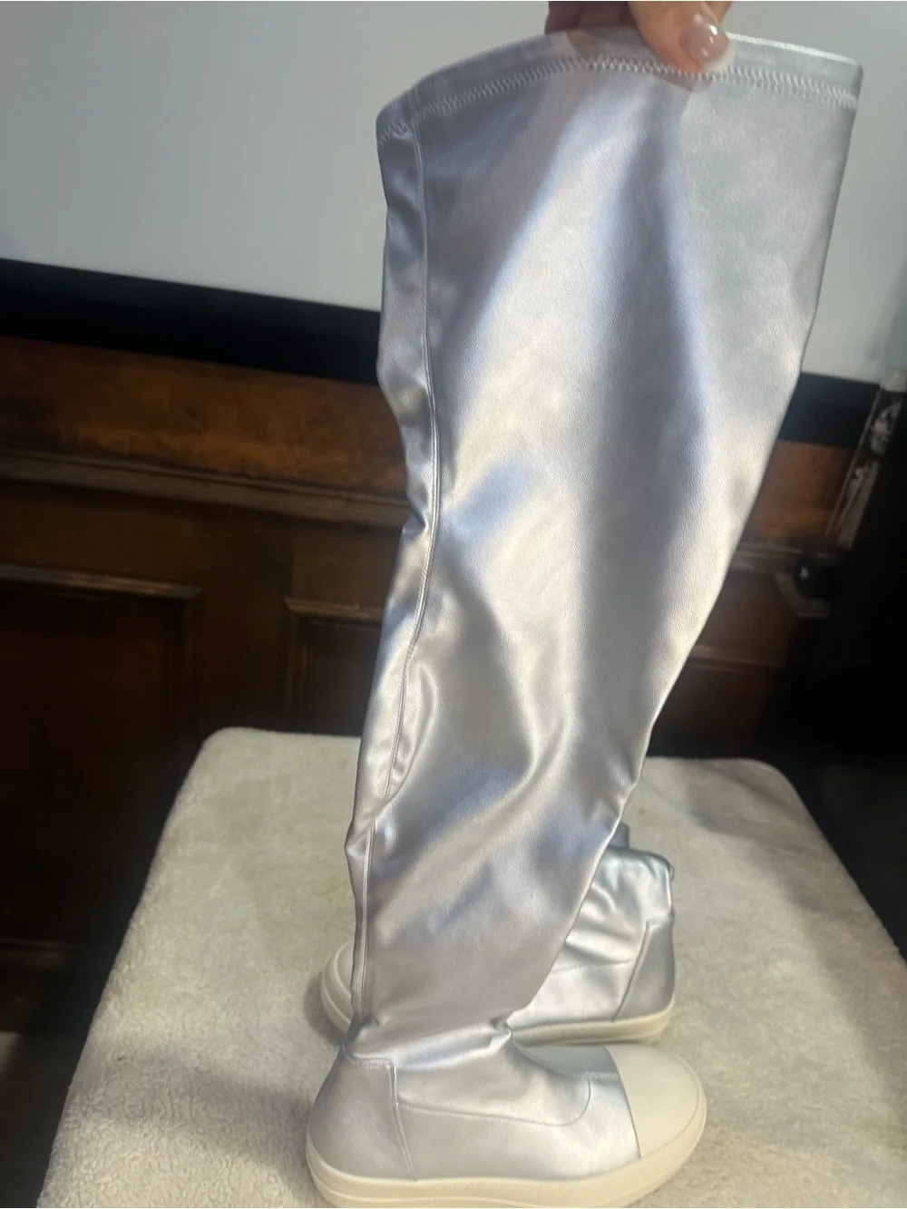 910. NEW NO BOX Cape Robbin Silver Over-the-Knee Platform Boots
